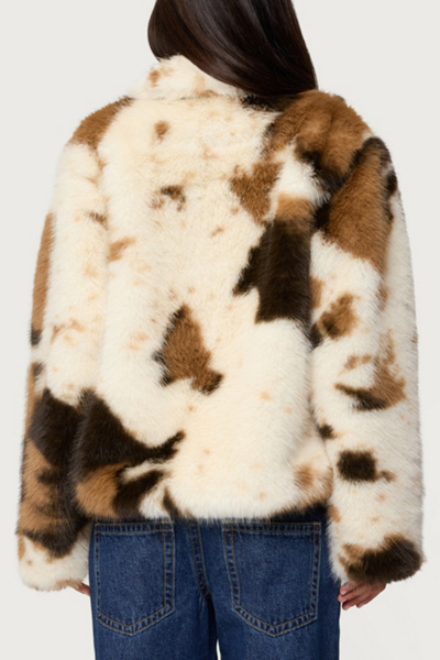 Edikted Rayan Cow Print Faux Fur Jacket