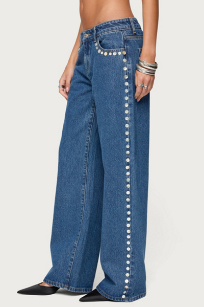 Edikted Iridescent Button Low Rise Baggy Jeans