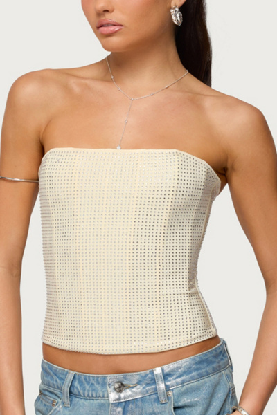 Edikted Vezza Strapless Rhinestone Corset In Cream, Women's At Urban Outfitters In White