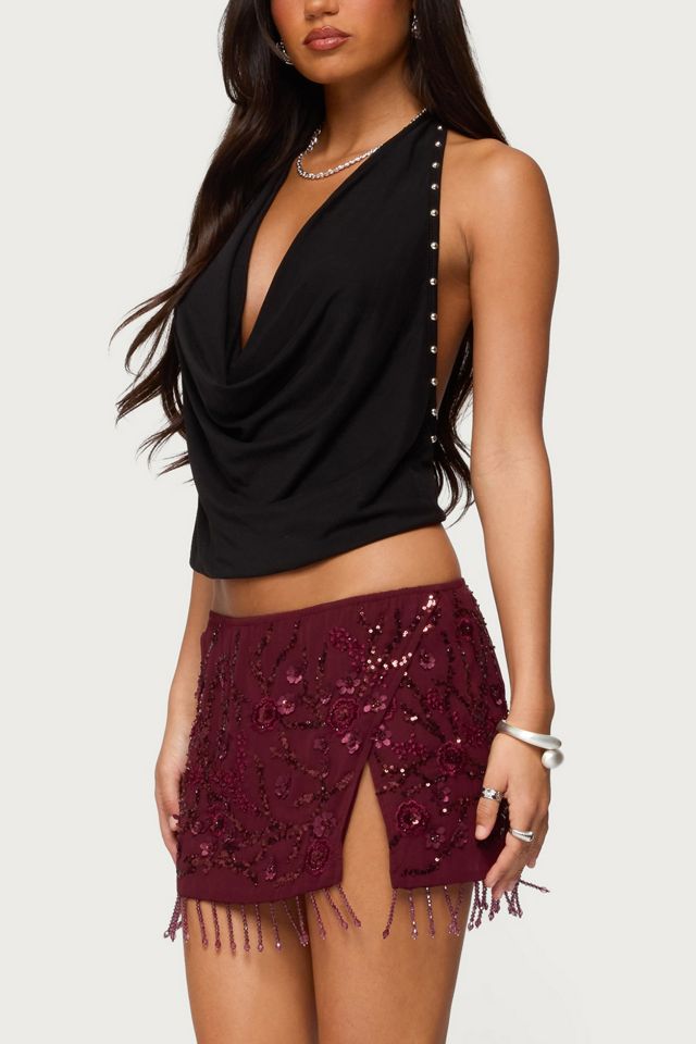 Edikted Chiffon Sequin Bead Fringed Mini Skirt #1