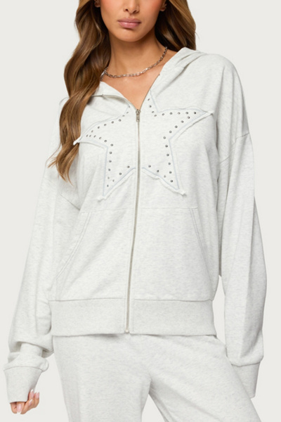 Edikted Briela Star Studded Zip Up Hoodie In Gray/melange, Women's At Urban Outfitters