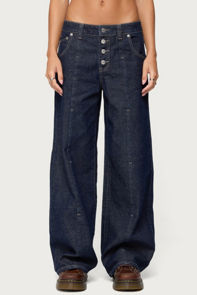 Edikted Polley Button Up Low Rise Baggy Jeans In Dark/blue/washed, Women's At Urban Outfitters
