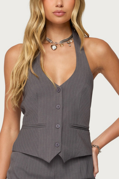 Edikted Riya Pinstripe Halter Vest In Gray