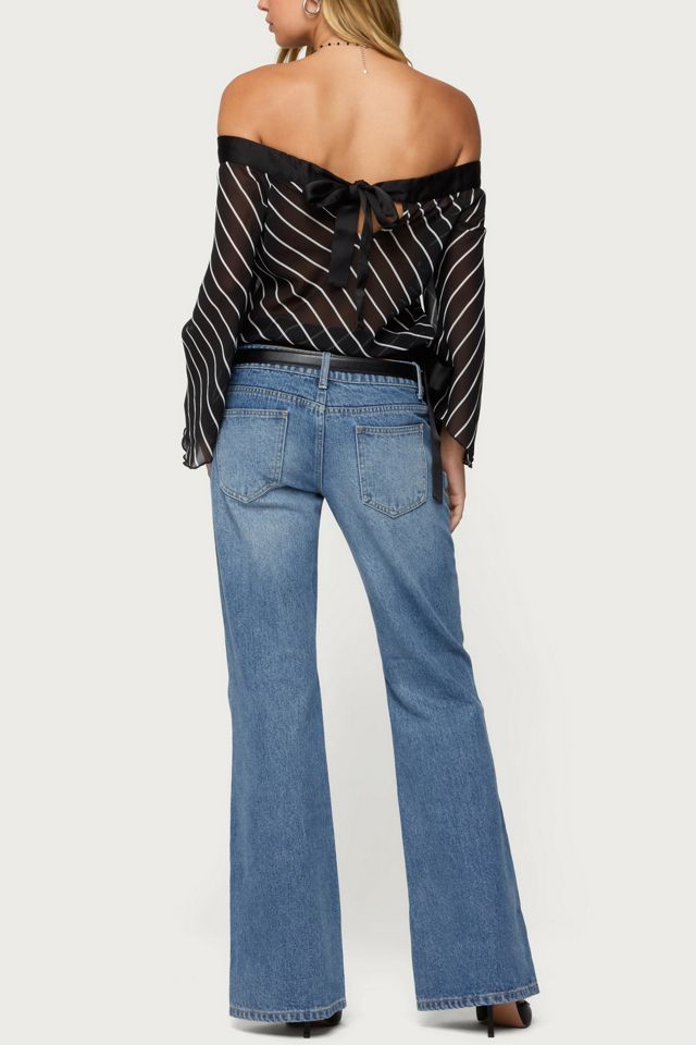 Edikted Diagonal Striped Off Shoulder Chiffon Top #1