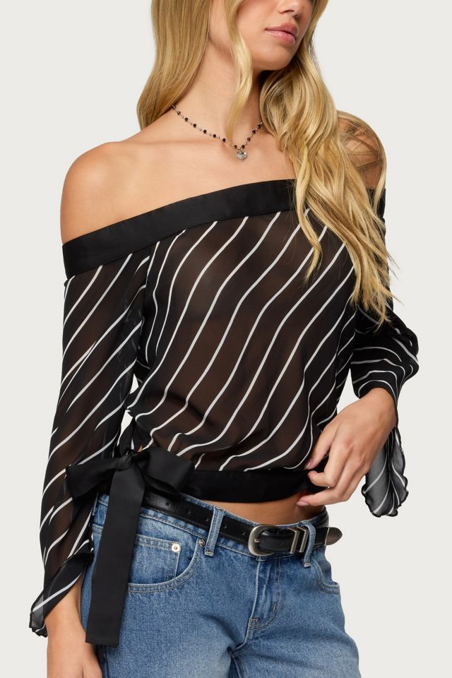 Edikted Diagonal Striped Off Shoulder Chiffon Top #2