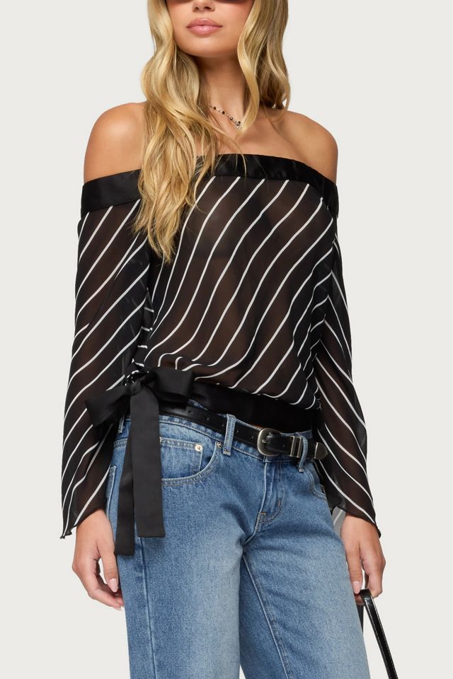 Edikted Diagonal Striped Off Shoulder Chiffon Top #3