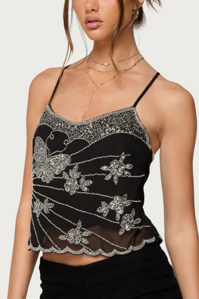 Edikted Opal Bead & Sequin Chiffon Tank Top