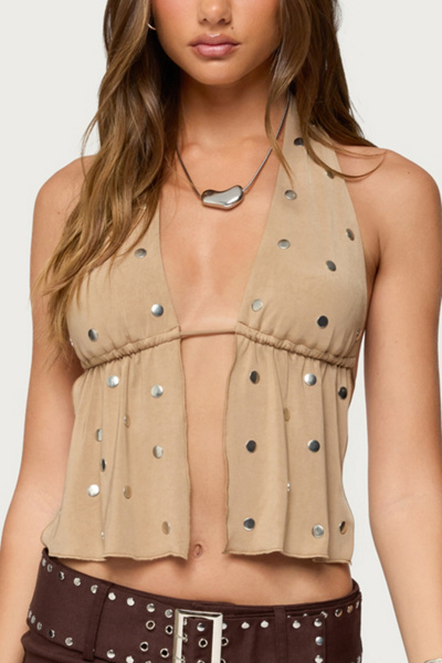 Edikted Studded Backless Split Front Top In Mocha, Women's At Urban Outfitters In Neutral