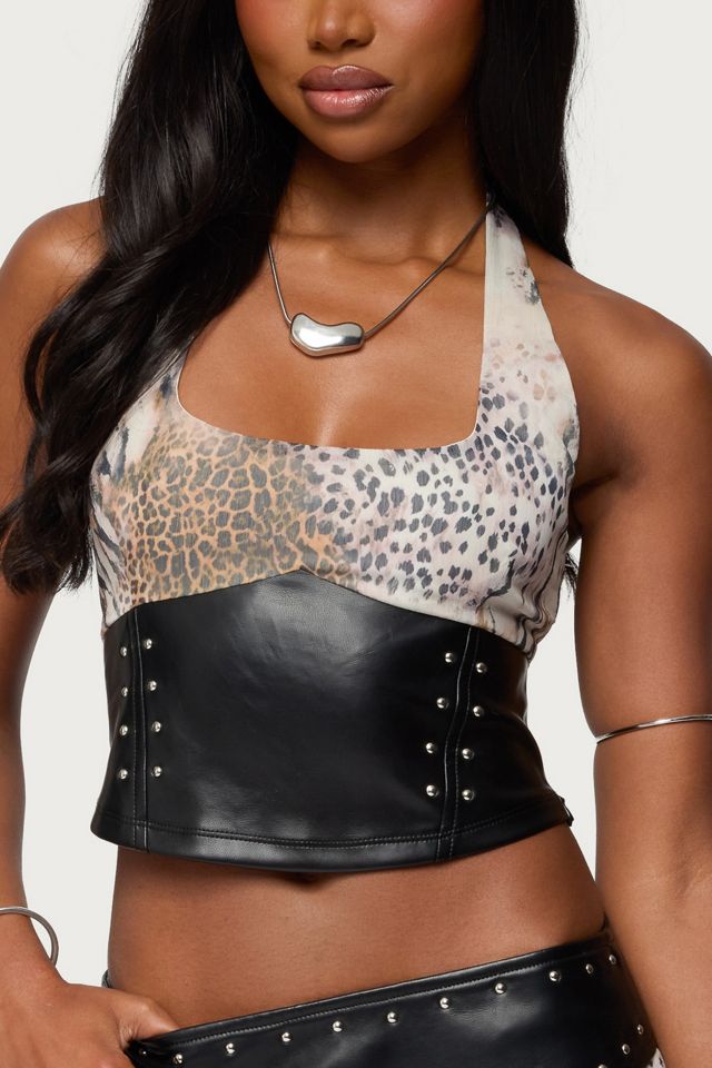 Edikted Letta Printed Chiffon Faux Leather Top #1