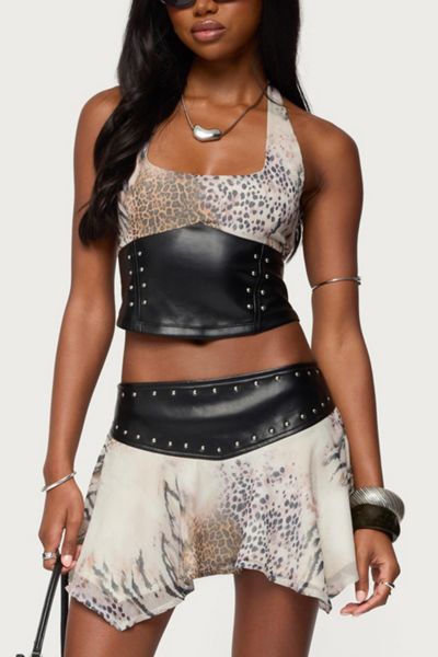 Edikted Letta Printed Chiffon Faux Leather Top