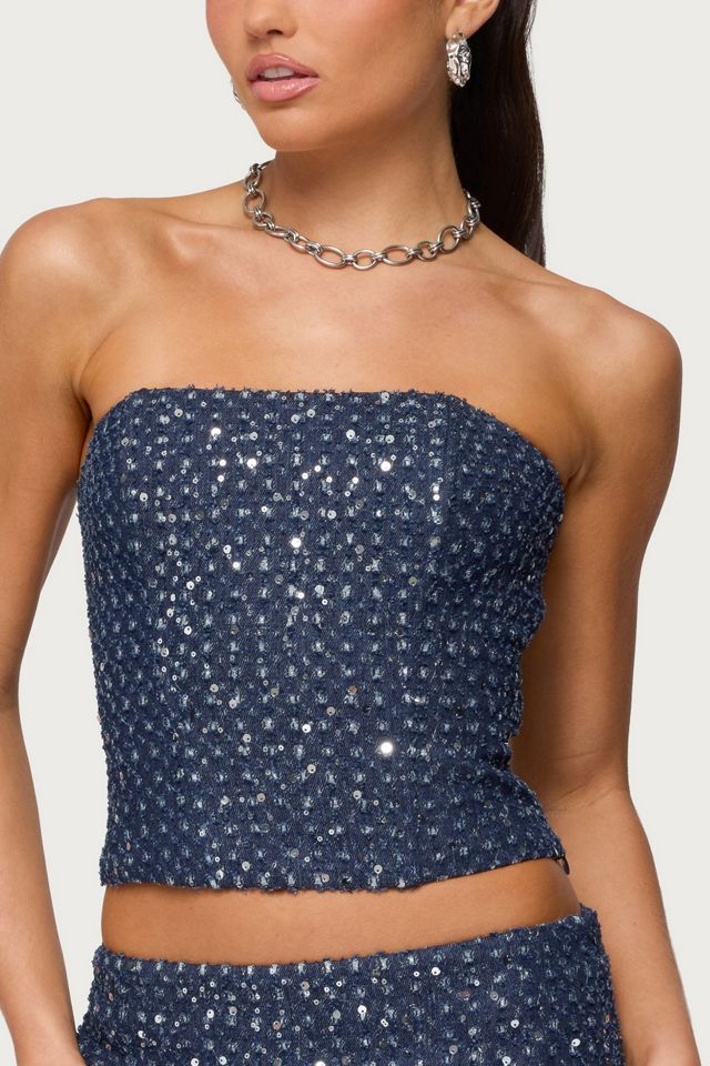 Edikted Sora Sequin Distressed Denim Corset #1