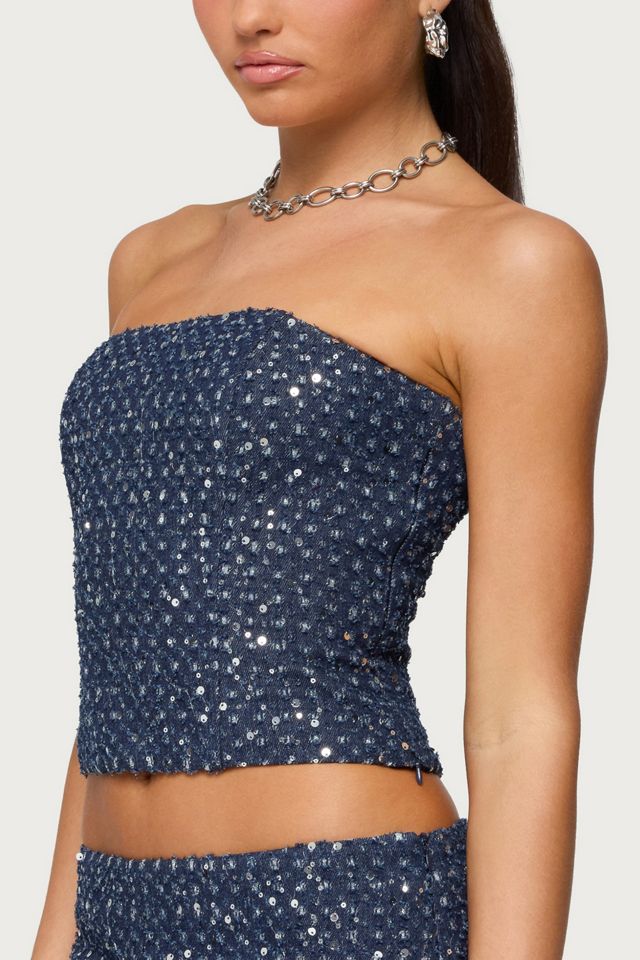 Edikted Sora Sequin Distressed Denim Corset #3