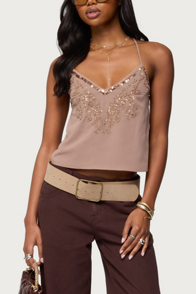 Edikted Sorina Embellished V Neck Top