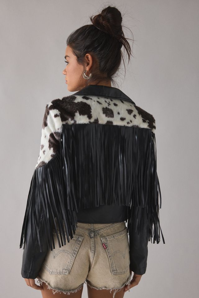 Azalea Wang Olandria Cow Print Faux Leather Fringe Jacket #1