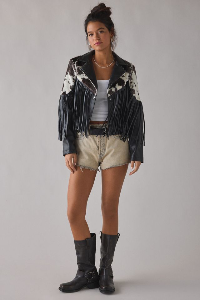 Azalea Wang Olandria Cow Print Faux Leather Fringe Jacket #3
