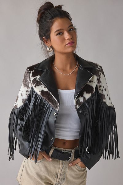 Azalea Wang Olandria Cow Print Faux Leather Fringe Jacket