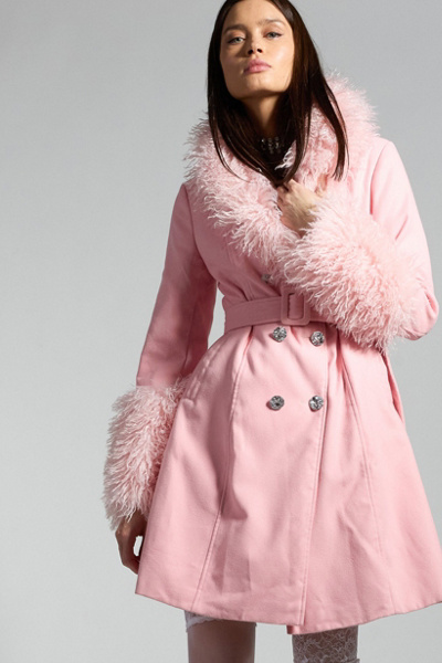 Sparkl Faux Fur Trench Coat Jacket In Pink, Women's At Urban Outfitters