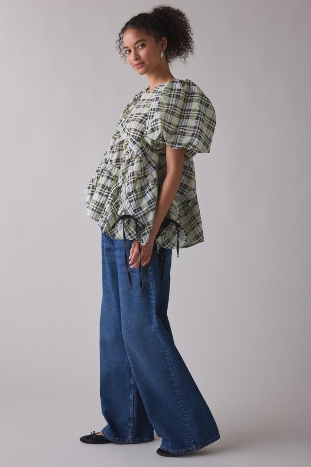 Ghospell Michaela Asymmetric Ruched Puff Sleeve Top #1