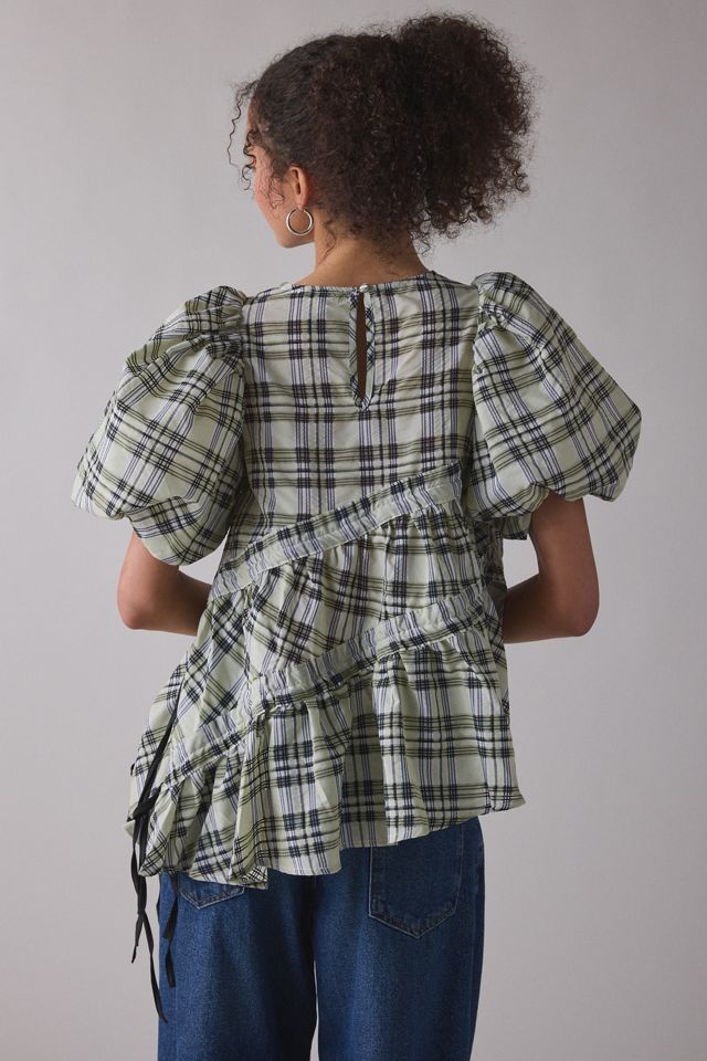 Ghospell Michaela Asymmetric Ruched Puff Sleeve Top | Urban Outfitters