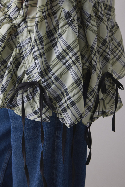 Ghospell Michaela Asymmetric Ruched Puff Sleeve Top