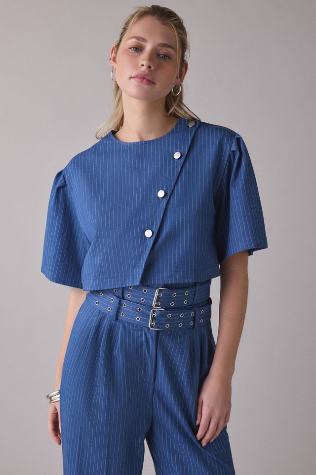Ghospell Bettie Pinstripe Asymmetric Crop Top #4