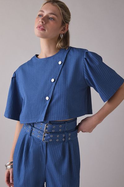 Ghospell Bettie Pinstripe Asymmetric Crop Top