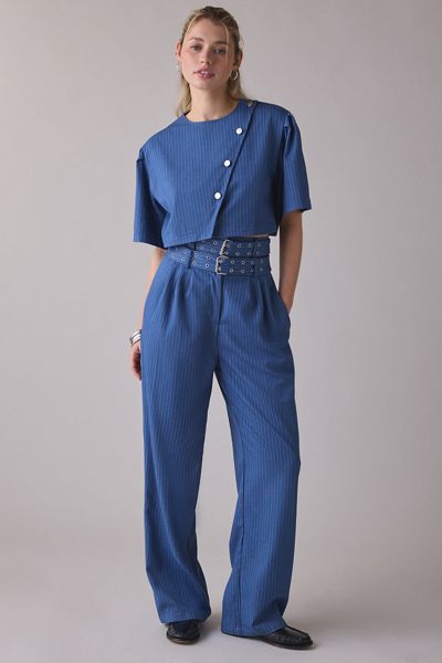 Pantalon à pinces plissé à taille haute avec ceinture à fines rayures Bettie Ghospell