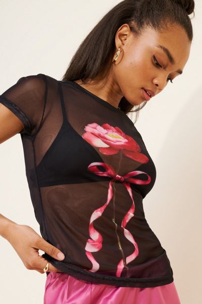 Another Girl Flower Print Mesh Top