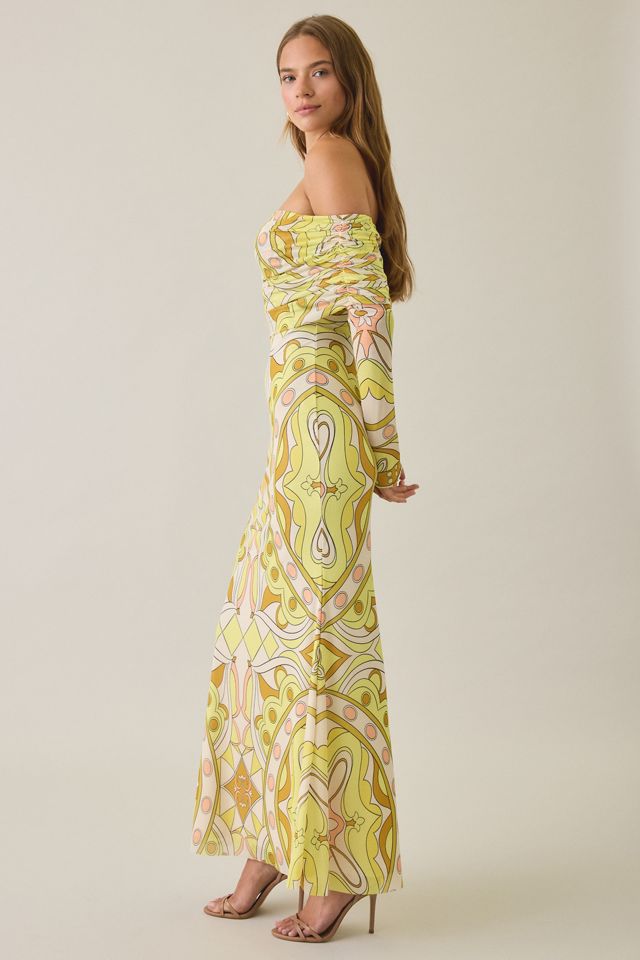AFRM Thelma Geo Scarf Mesh Off-The-Shoulder Ruched Maxi Dress #1
