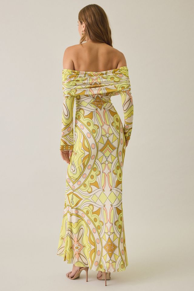AFRM Thelma Geo Scarf Mesh Off-The-Shoulder Ruched Maxi Dress #3