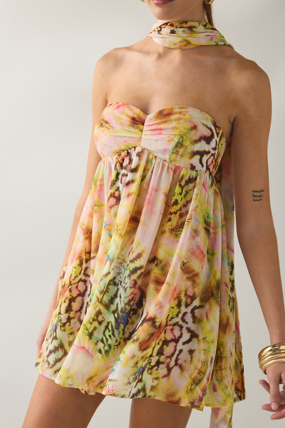 AFRM Whyte Pink Swirl Shell Scarf Detail Mini Dress
