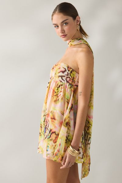 AFRM Whyte Pink Swirl Shell Scarf Detail Mini Dress