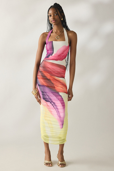 Afrm Indiana Lemon Lotus Mesh Ruched Bodycon Midi Dress In Lemon Lotus, Women's At Urban Outfitters