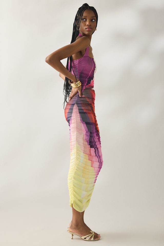 AFRM Indiana Lemon Lotus Mesh Ruched Bodycon Midi Dress | Urban Outfitters