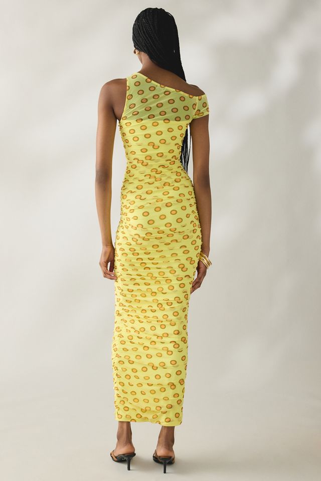 AFRM Biona Deco Dot Ruched Mesh One-Shoulder Midi Dress #3