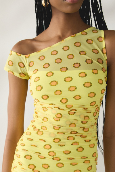 AFRM Biona Deco Dot Ruched Mesh One-Shoulder Midi Dress