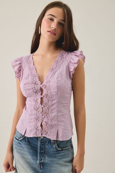 Kimchi Blue Aurelia Lace Trim Flutter Sleeve Blouse