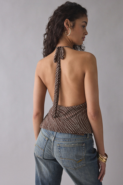 Motel Badilah Flocked Polka Dot High Neck Halter Top