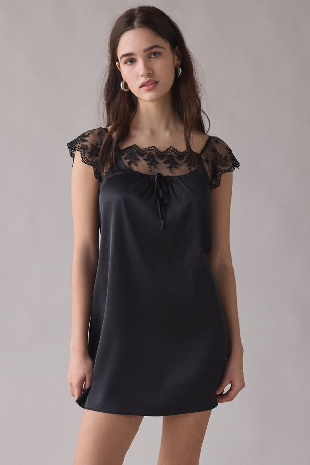 black lace trim satin mini dress Drape Long Sleeve Mini Dress Black M/L main image 1