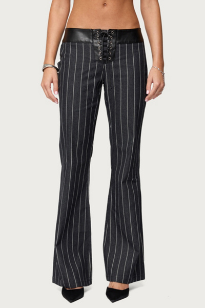 Edikted Pinstripe & Faux Leather Low Rise Flared Jeans In Dark/blue, Women's At Urban Outfitters In Black