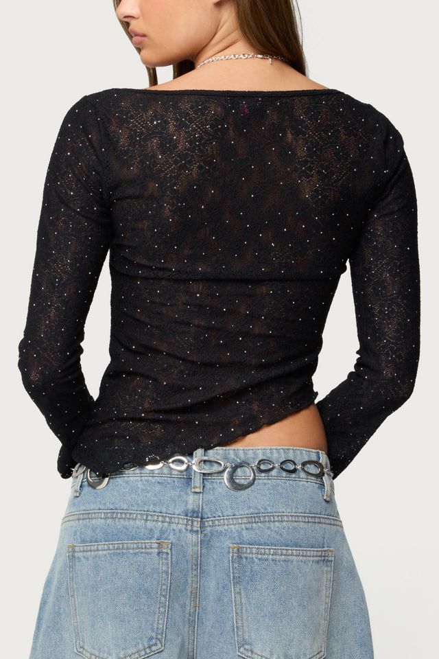Edikted Mare Asymmetric Gem Sheer Lace Top #4