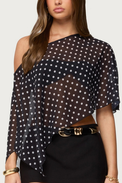Edikted Sheer Chiffon Asymmetric Polka Dot Poncho Top In Black/and/white, Women's At Urban Outfitters