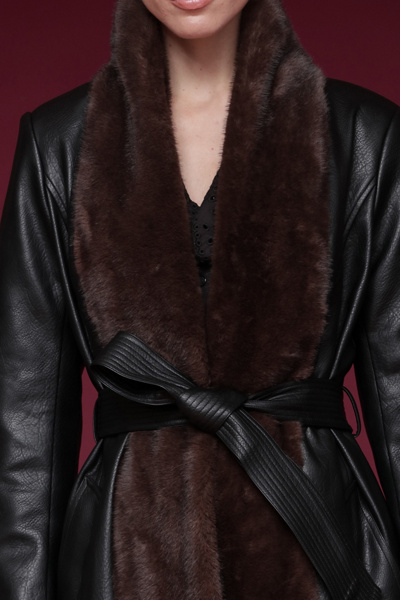 Avec Les Filles Faux Fur Trimmed Faux Leather Wrap Coat Jacket In Black, Women's At Urban Outfitters