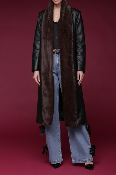 Avec Les Filles Faux Fur Trimmed Leather Wrap Coat