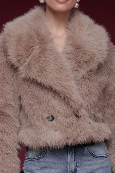 Avec Les Filles Faux Fur Collared Cropped Coat Jacket In Taupe, Women's At Urban Outfitters In Brown