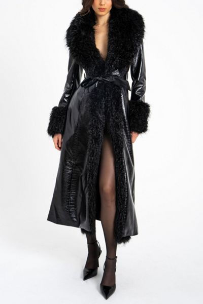 NIA Orla Espresso Faux Leather Mid-Length Faux Fur Trim Jacket
