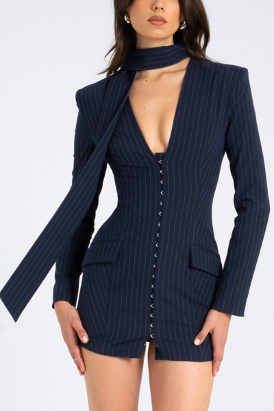Miss Circle Tahlia Pinstripe Scarf Blazer Dress in Navy, Women’s at Urban Outfitters