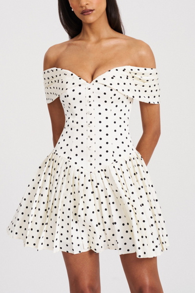 Miss Circle Edeline Polka Dot Off-The-Shoulder Pleated Mini Dress