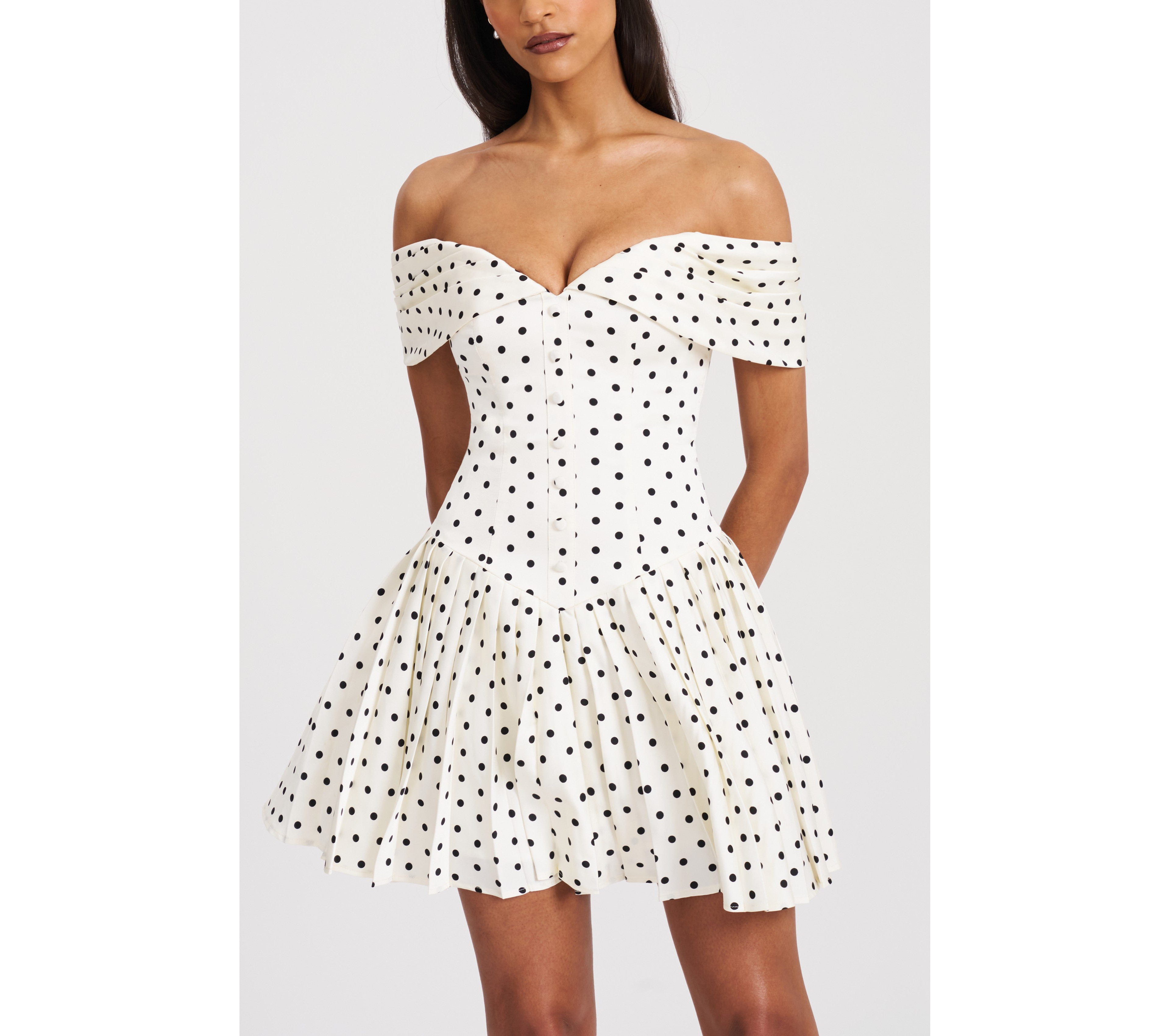Miss Circle Edeline Polka Dot Off-The-Shoulder Pleated Mini Dress