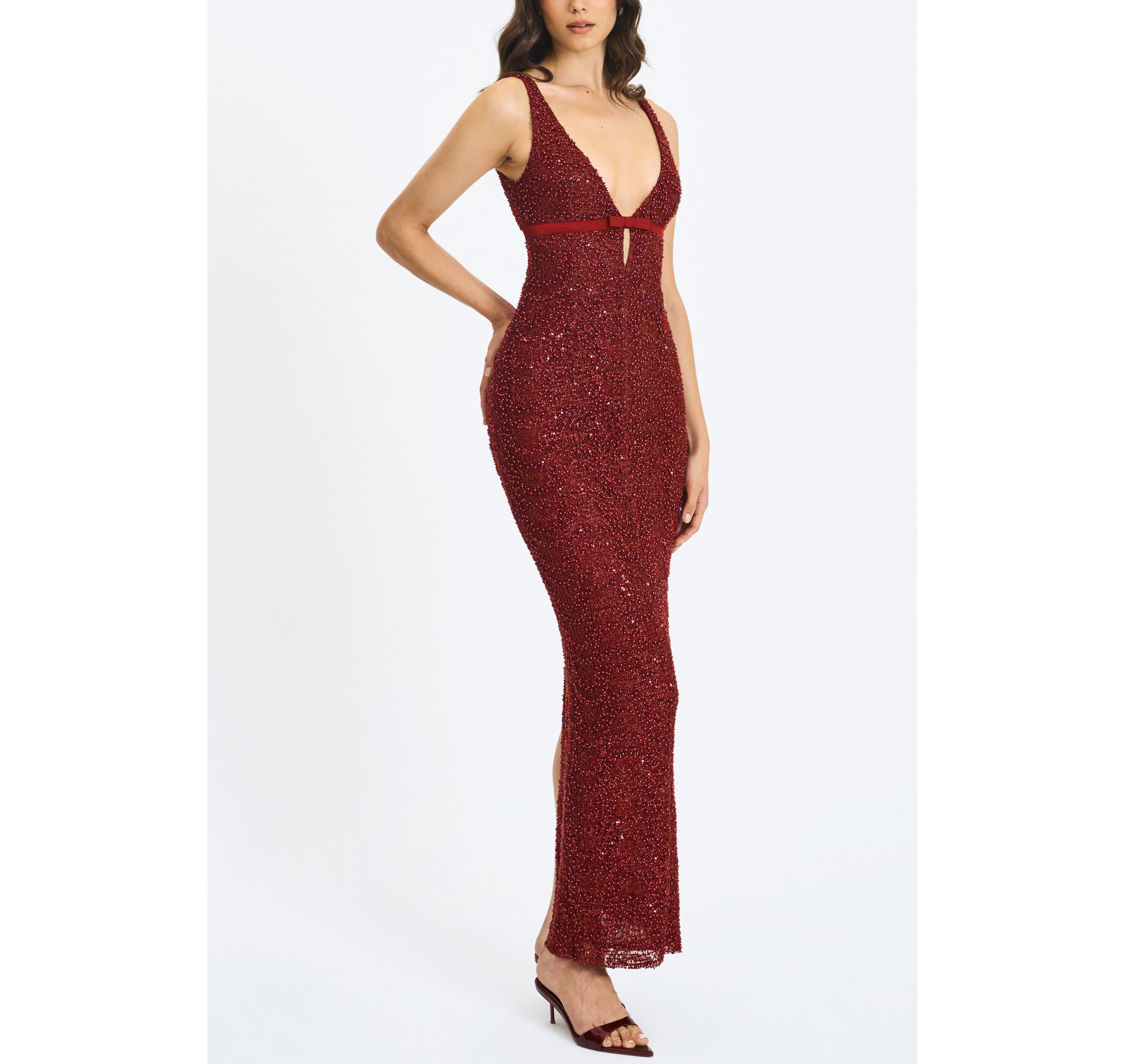 Miss Circle Elora Sequin Beaded Keyhole Maxi Dress
